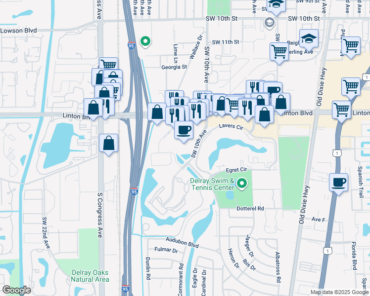 map of restaurants, bars, coffee shops, grocery stores, and more near 1200 Linton Boulevard in Delray Beach