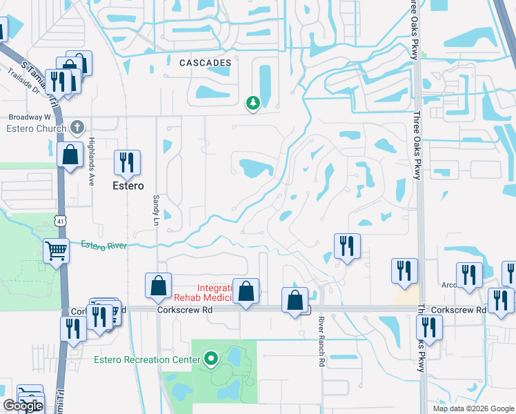 map of restaurants, bars, coffee shops, grocery stores, and more near 20814 Blacksmith Forge in Estero