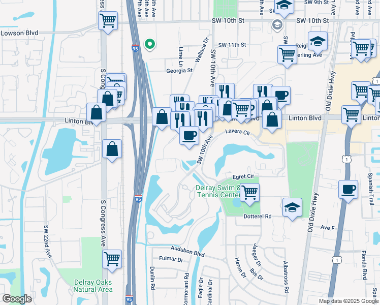 map of restaurants, bars, coffee shops, grocery stores, and more near 1200 Linton Boulevard in Delray Beach