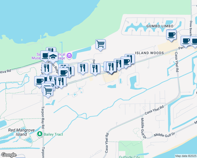 map of restaurants, bars, coffee shops, grocery stores, and more near 2153 Periwinkle Way in Sanibel