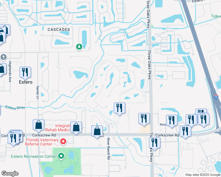 map of restaurants, bars, coffee shops, grocery stores, and more near 20721 Andiron Place in Estero