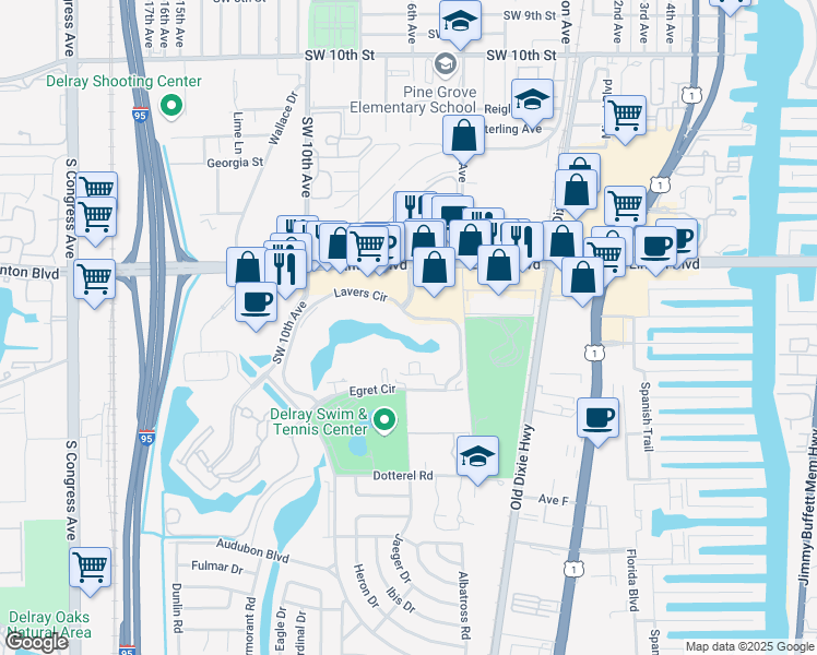 map of restaurants, bars, coffee shops, grocery stores, and more near 620 Lavers Circle in Delray Beach