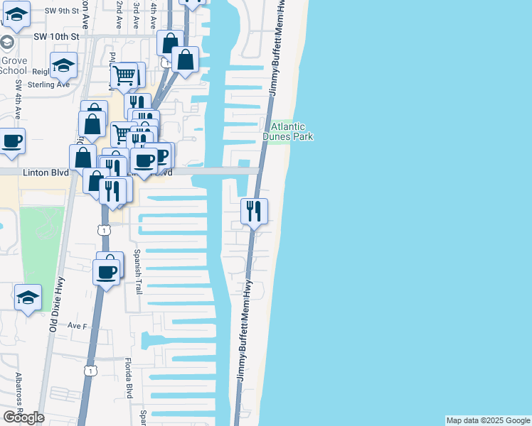 map of restaurants, bars, coffee shops, grocery stores, and more near 1875 South Ocean Boulevard in Delray Beach
