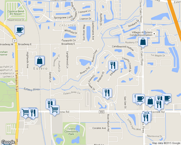 map of restaurants, bars, coffee shops, grocery stores, and more near 20814 Blacksmith Forge in Estero