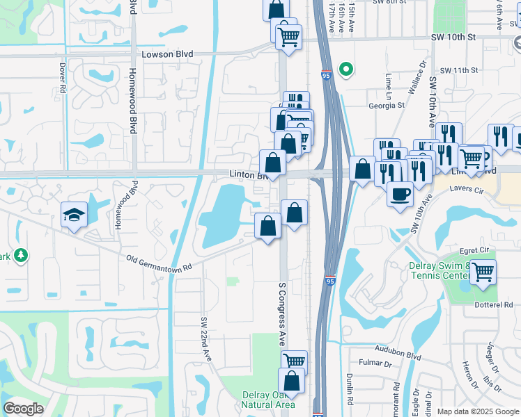 map of restaurants, bars, coffee shops, grocery stores, and more near 2255 Spring Harbor Drive in Delray Beach