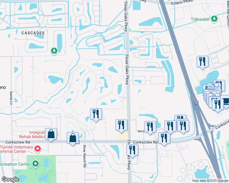 map of restaurants, bars, coffee shops, grocery stores, and more near 20671 Country Creek Drive in Estero