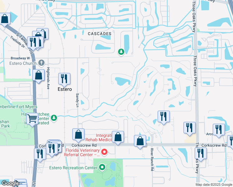 map of restaurants, bars, coffee shops, grocery stores, and more near 20930 Rivers Ford in Estero