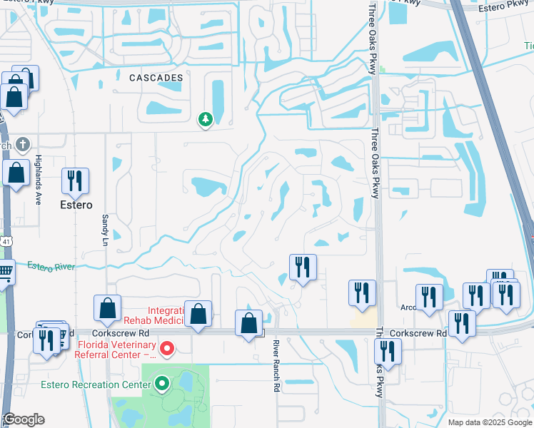 map of restaurants, bars, coffee shops, grocery stores, and more near 20721 Andiron Place in Estero