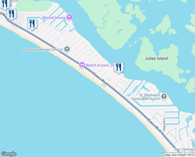 map of restaurants, bars, coffee shops, grocery stores, and more near 4450 Estero Boulevard in Fort Myers Beach