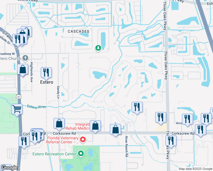 map of restaurants, bars, coffee shops, grocery stores, and more near 20806 Blacksmith Forge in Estero
