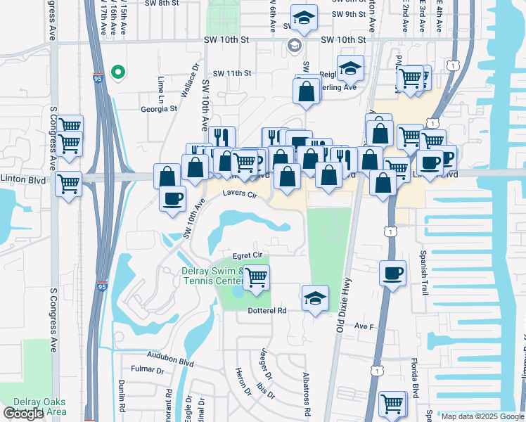 map of restaurants, bars, coffee shops, grocery stores, and more near 620 Lavers Circle in Delray Beach