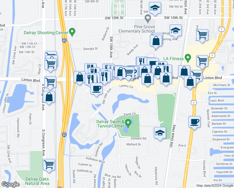 map of restaurants, bars, coffee shops, grocery stores, and more near 950 Lavers Circle in Delray Beach