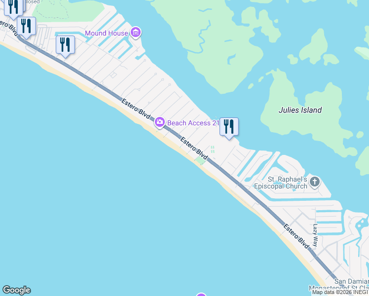 map of restaurants, bars, coffee shops, grocery stores, and more near 4360 Estero Boulevard in Fort Myers Beach