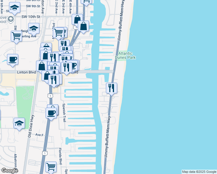 map of restaurants, bars, coffee shops, grocery stores, and more near 1044 Del Harbour Drive in Delray Beach