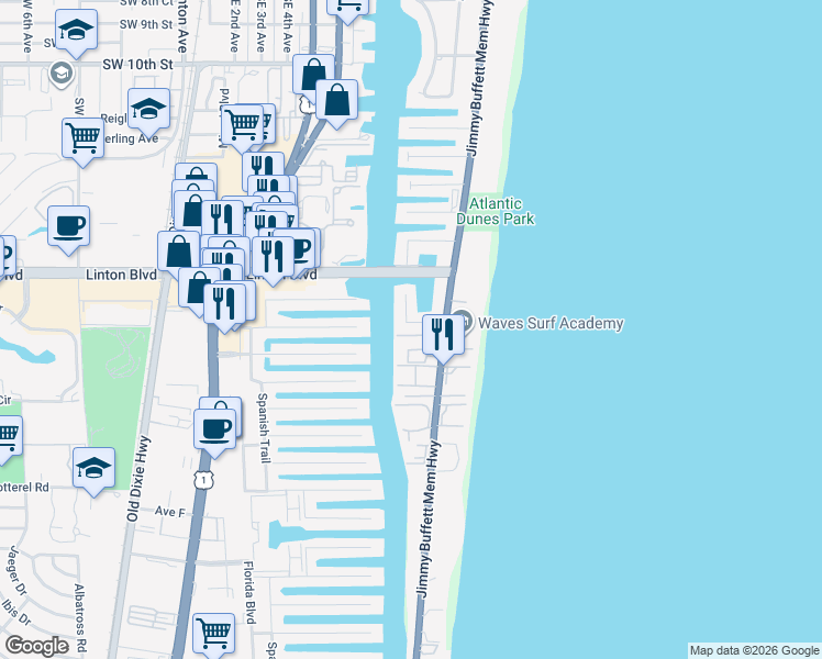map of restaurants, bars, coffee shops, grocery stores, and more near 1044 Del Harbour Drive in Delray Beach