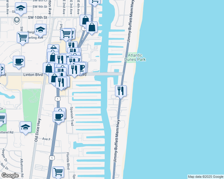 map of restaurants, bars, coffee shops, grocery stores, and more near 1044 Del Harbour Drive in Delray Beach