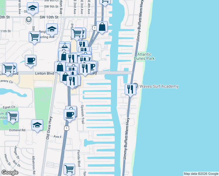 map of restaurants, bars, coffee shops, grocery stores, and more near 963 Eve Street in Delray Beach