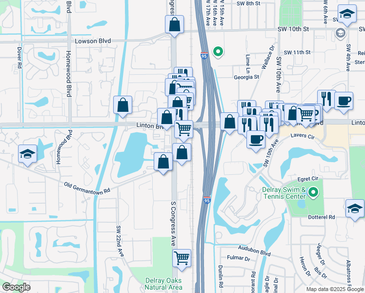 map of restaurants, bars, coffee shops, grocery stores, and more near 1615 South Congress Avenue in Delray Beach