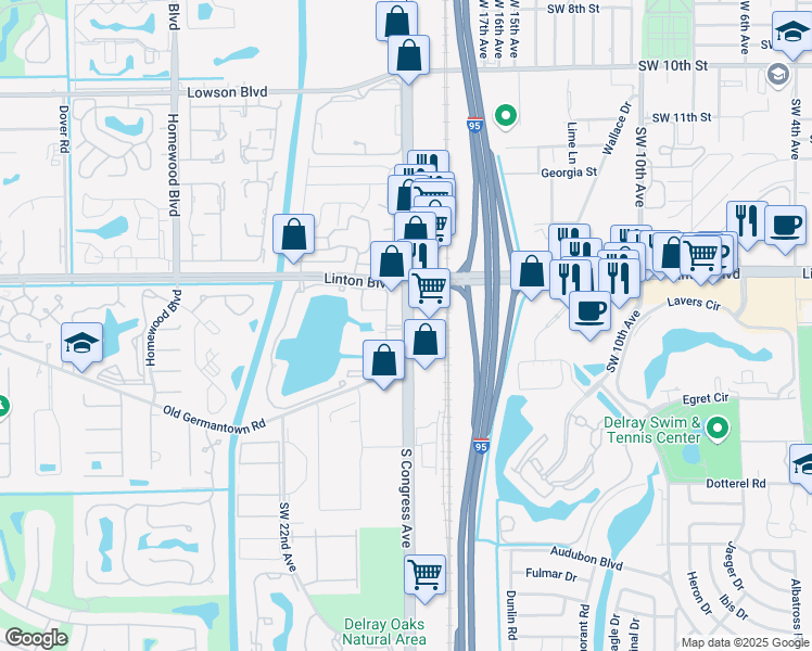 map of restaurants, bars, coffee shops, grocery stores, and more near 1945 Spring Harbor Drive in Delray Beach