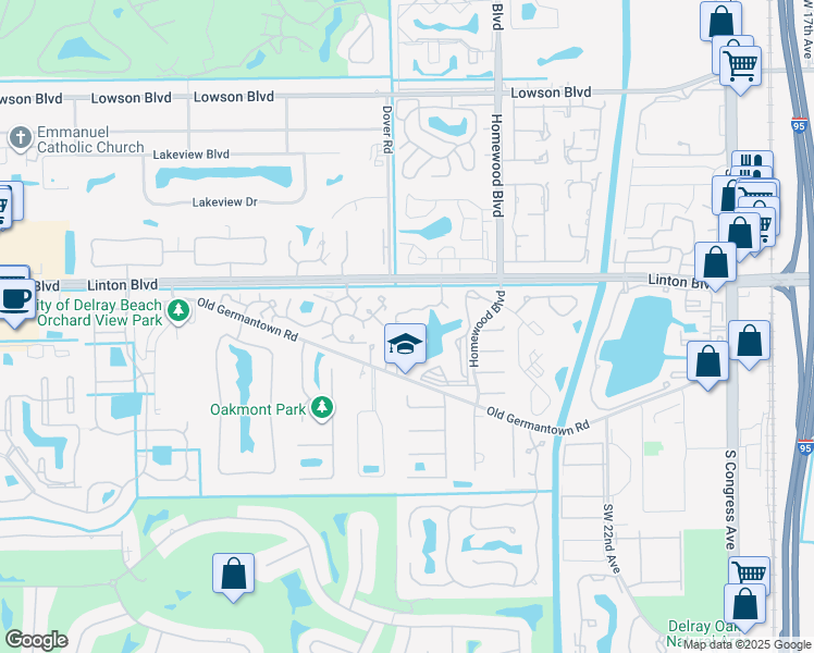 map of restaurants, bars, coffee shops, grocery stores, and more near 1865 Palm Cove Boulevard in Delray Beach