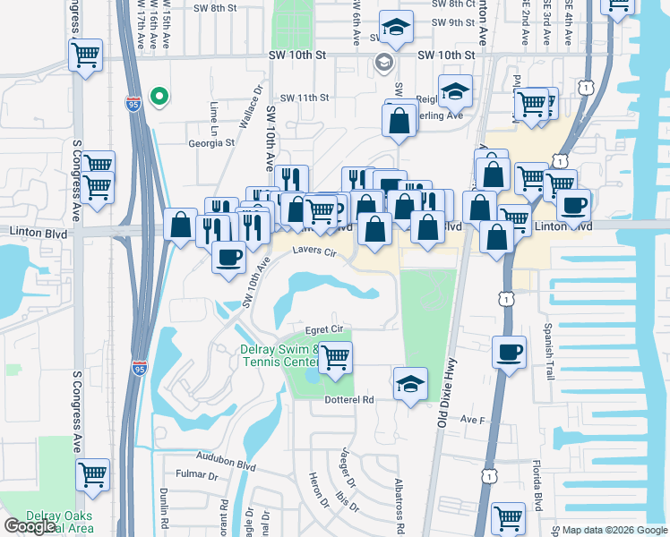 map of restaurants, bars, coffee shops, grocery stores, and more near 650 Lavers Circle in Delray Beach