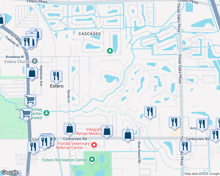 map of restaurants, bars, coffee shops, grocery stores, and more near 20930 Rivers Ford in Estero