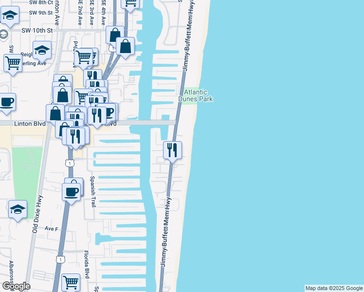map of restaurants, bars, coffee shops, grocery stores, and more near 1875 South Ocean Boulevard in Delray Beach