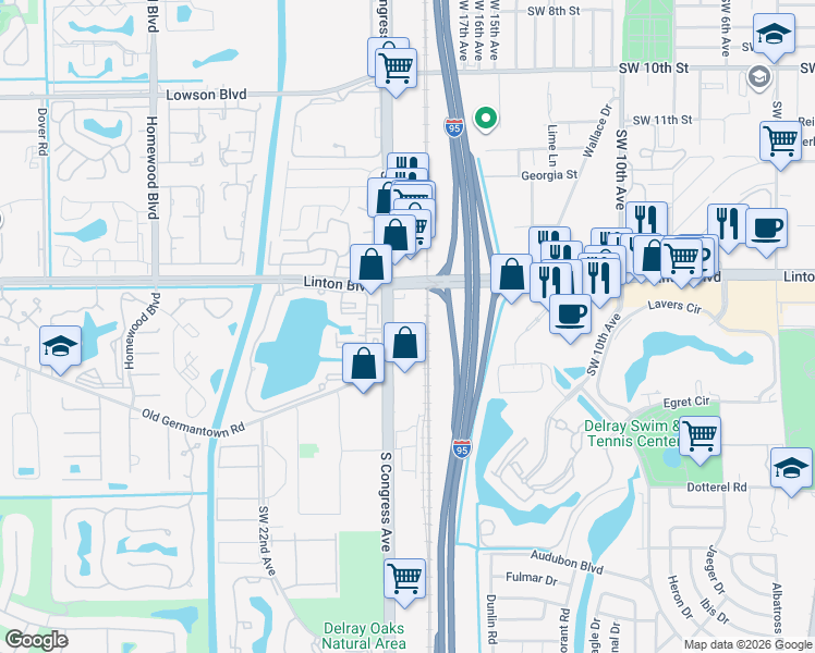 map of restaurants, bars, coffee shops, grocery stores, and more near 1615 South Congress Avenue in Delray Beach