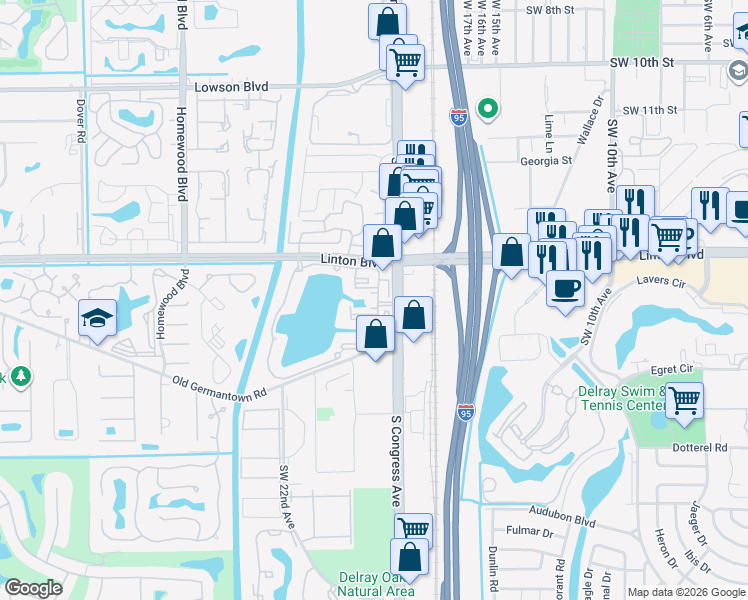 map of restaurants, bars, coffee shops, grocery stores, and more near 2255 Spring Harbor Drive in Delray Beach