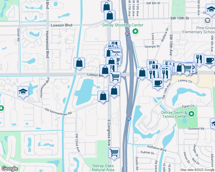 map of restaurants, bars, coffee shops, grocery stores, and more near 1495 Spring Harbor Drive in Delray Beach