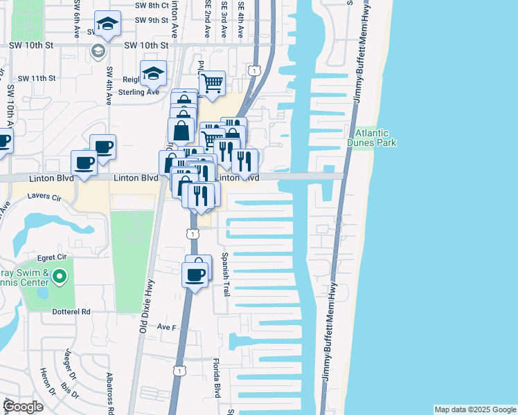 map of restaurants, bars, coffee shops, grocery stores, and more near 930 Eve Street in Delray Beach