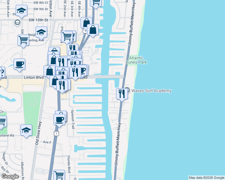 map of restaurants, bars, coffee shops, grocery stores, and more near 1044 Del Harbour Drive in Delray Beach