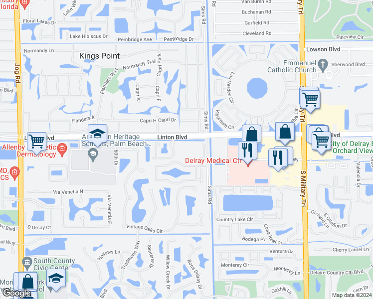 map of restaurants, bars, coffee shops, grocery stores, and more near 5624 Linton Boulevard in Delray Beach