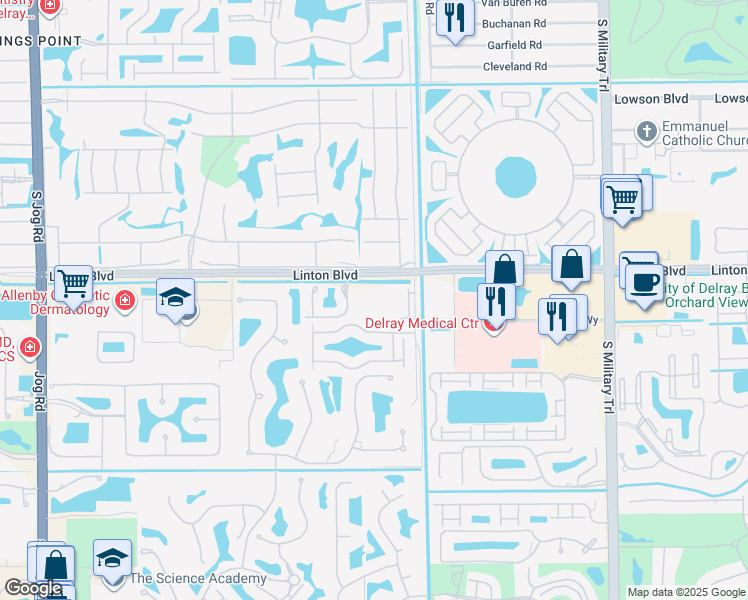 map of restaurants, bars, coffee shops, grocery stores, and more near 5624 Linton Boulevard in Delray Beach