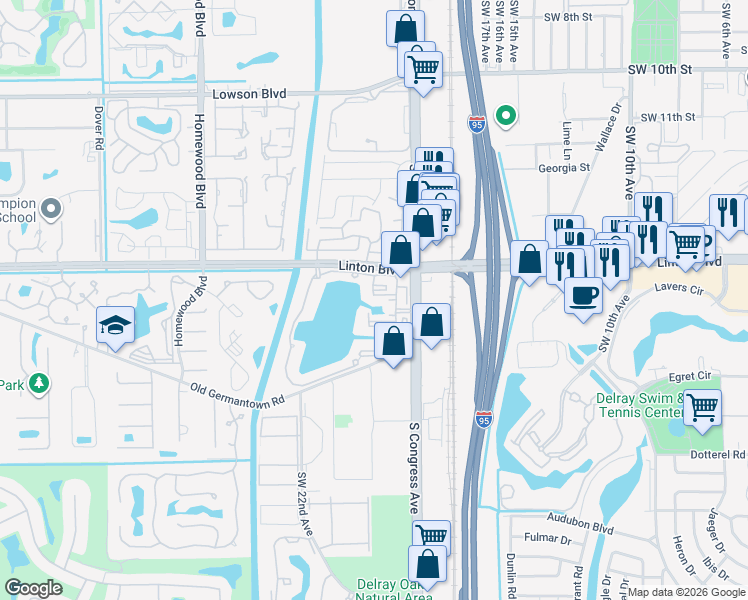 map of restaurants, bars, coffee shops, grocery stores, and more near 2255 Spring Harbor Drive in Delray Beach