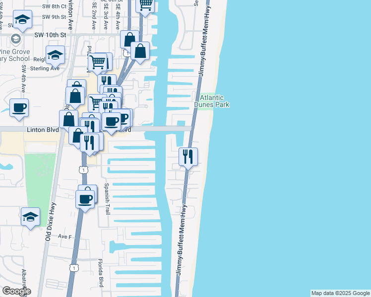 map of restaurants, bars, coffee shops, grocery stores, and more near 1820 South Ocean Boulevard in Delray Beach