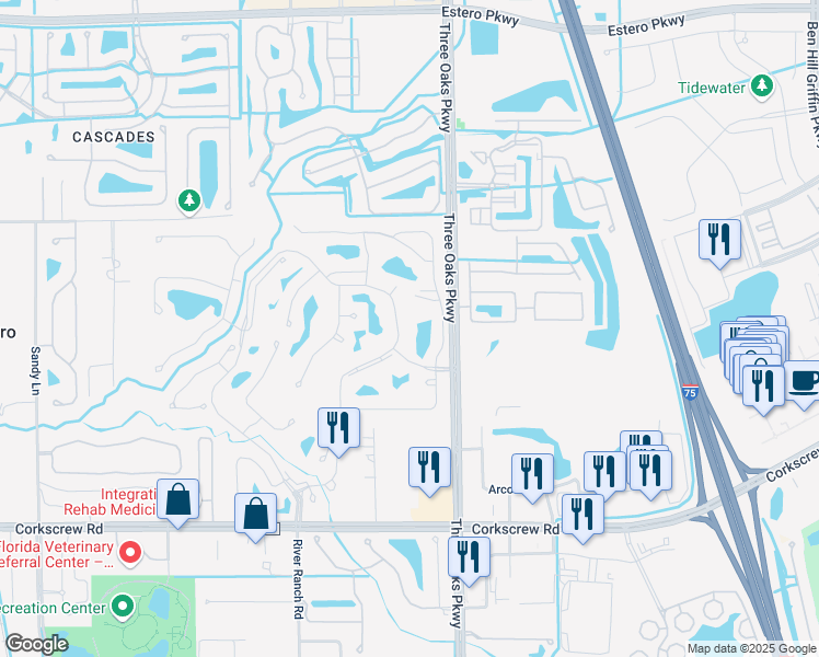 map of restaurants, bars, coffee shops, grocery stores, and more near 20671 Country Creek Drive in Estero