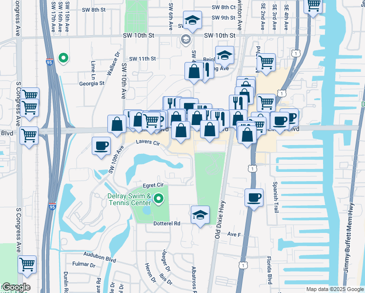 map of restaurants, bars, coffee shops, grocery stores, and more near 500 Linton Boulevard in Delray Beach