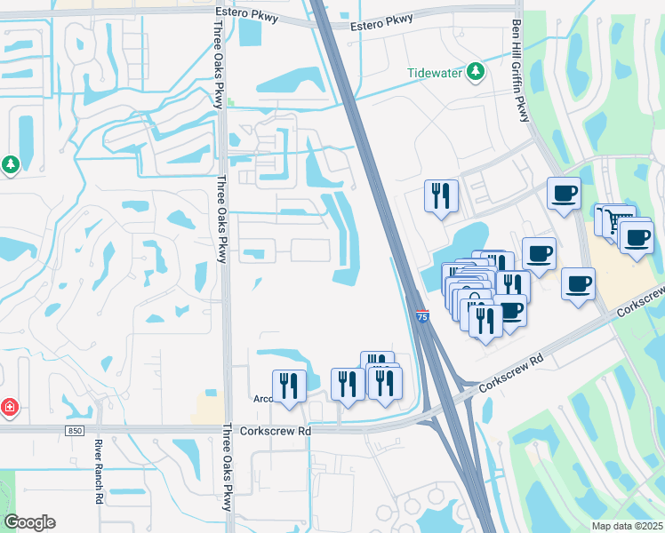 map of restaurants, bars, coffee shops, grocery stores, and more near 10261 South Silver Palm Drive in Estero