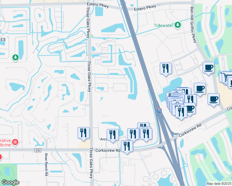 map of restaurants, bars, coffee shops, grocery stores, and more near 10131 North Silver Palm Drive in Estero