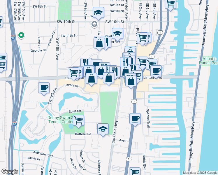 map of restaurants, bars, coffee shops, grocery stores, and more near 1845 Southwest 4th Avenue in Delray Beach