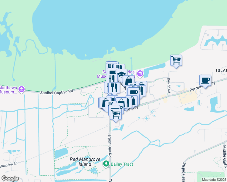 map of restaurants, bars, coffee shops, grocery stores, and more near 751 Tarpon Bay Road in Sanibel