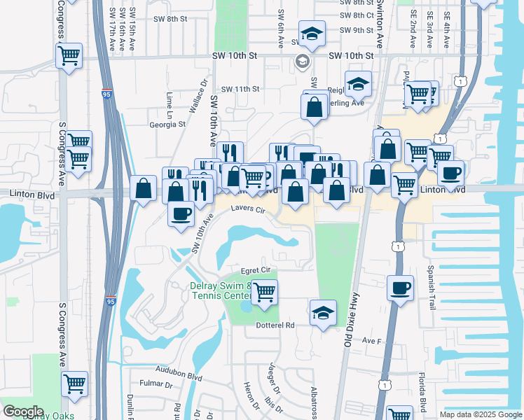 map of restaurants, bars, coffee shops, grocery stores, and more near 650 Lavers Circle in Delray Beach
