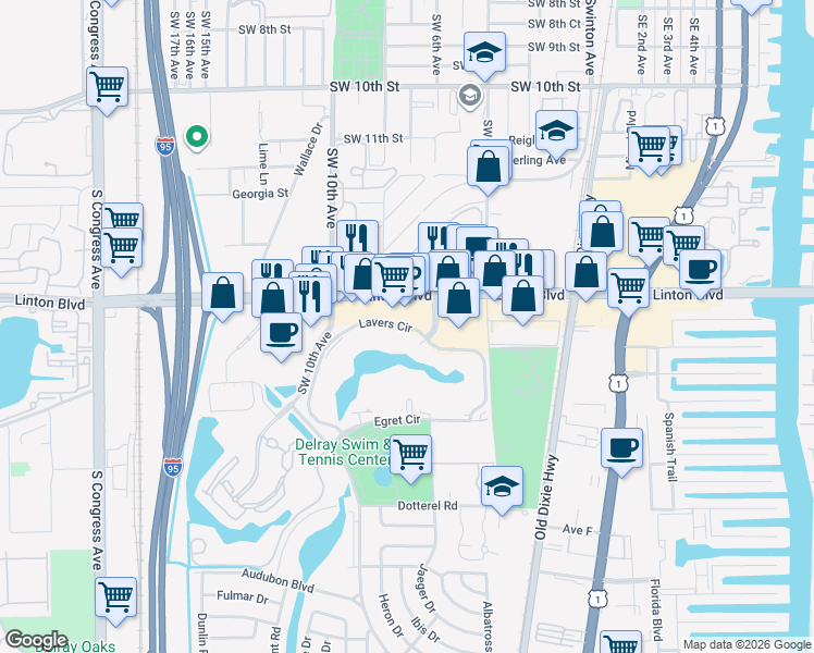 map of restaurants, bars, coffee shops, grocery stores, and more near 850 Lavers Circle in Delray Beach