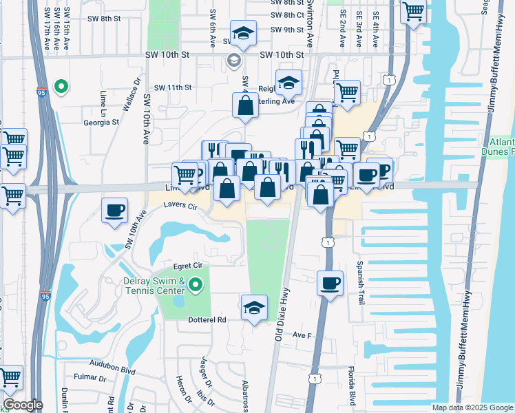 map of restaurants, bars, coffee shops, grocery stores, and more near 1845 Southwest 4th Avenue in Delray Beach