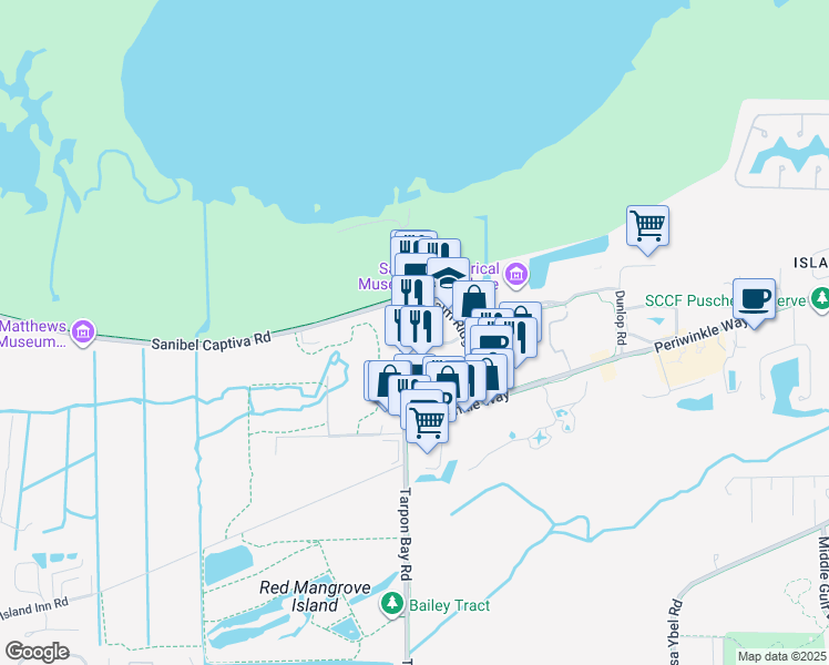 map of restaurants, bars, coffee shops, grocery stores, and more near 751 Tarpon Bay Road in Sanibel