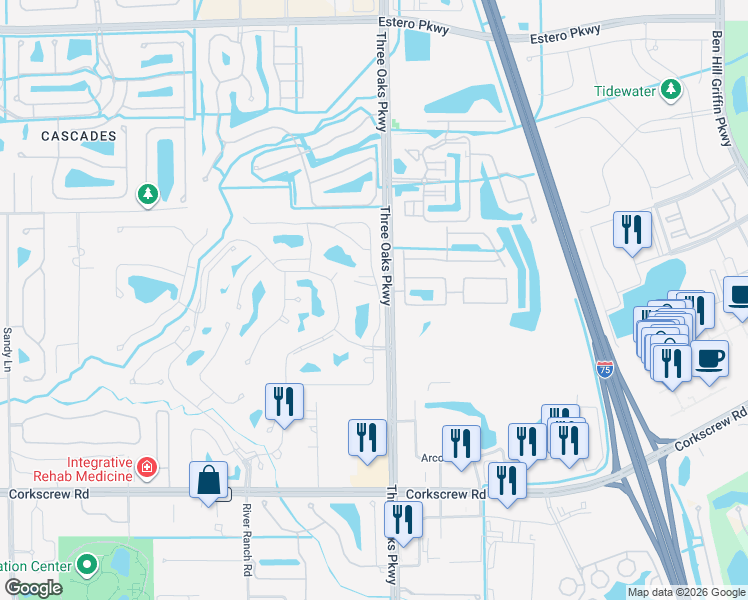 map of restaurants, bars, coffee shops, grocery stores, and more near 20714 Country Barn Drive in Estero