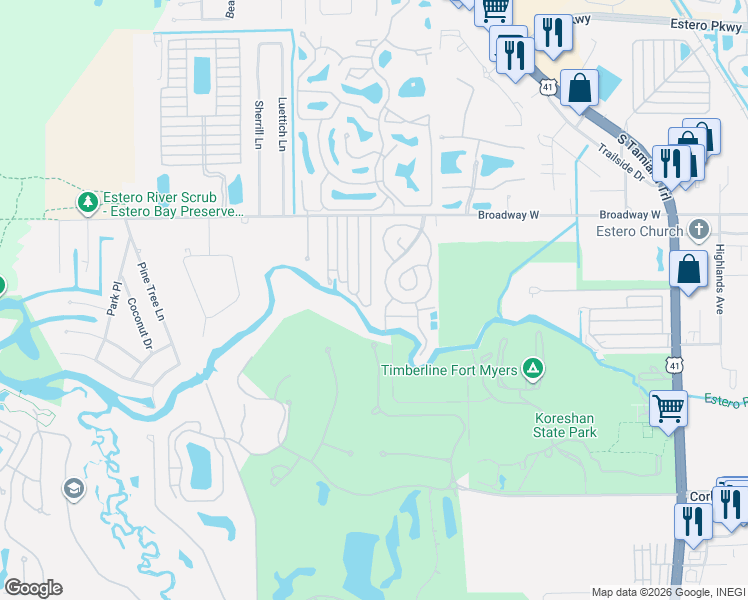 map of restaurants, bars, coffee shops, grocery stores, and more near 20751 Garden Drive in Estero