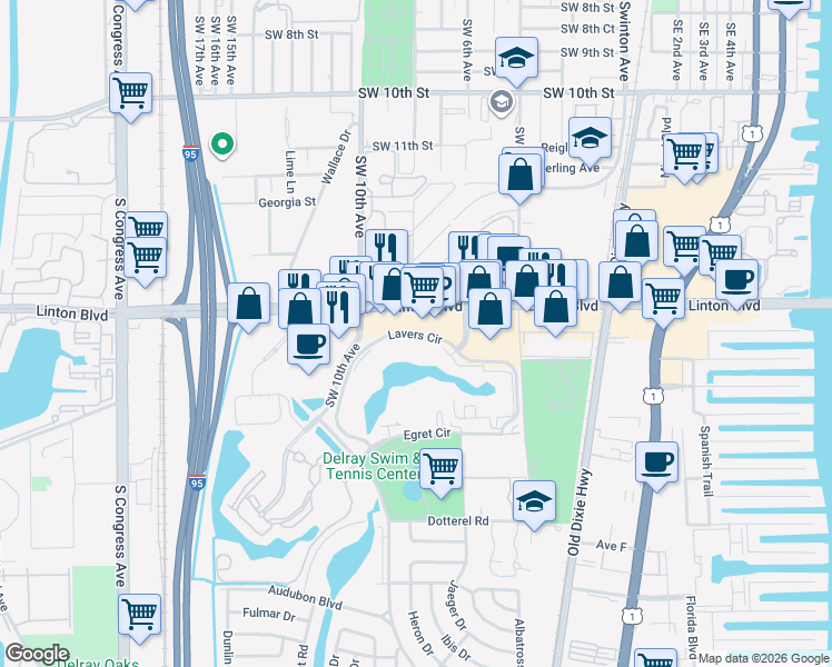 map of restaurants, bars, coffee shops, grocery stores, and more near 660 Linton Boulevard in Delray Beach