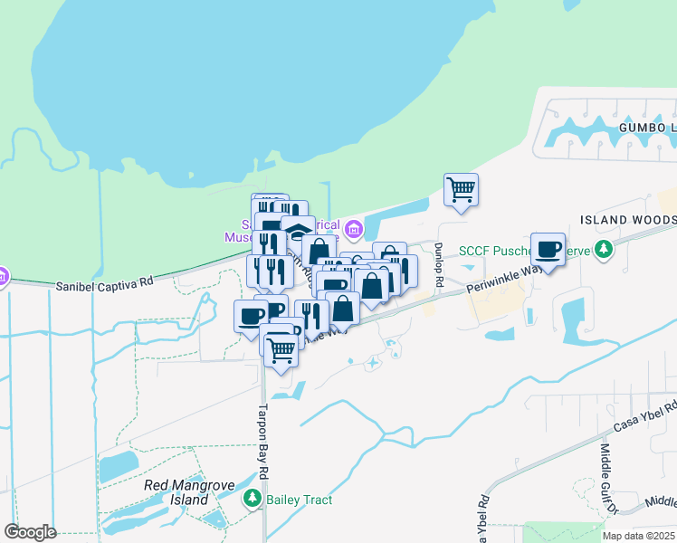 map of restaurants, bars, coffee shops, grocery stores, and more near 2320 Wooster Lane in Sanibel